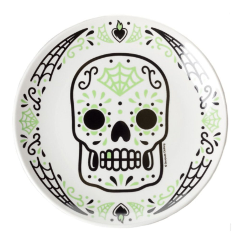 2 PACK - 8” Green Dia Muertos Sugar Skull Dinner Plate Halloween Goth Porcelain